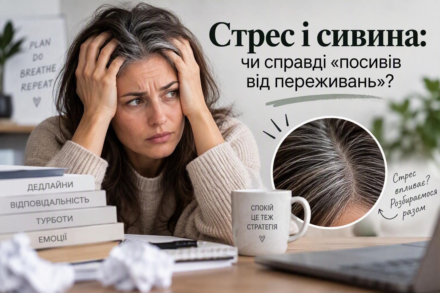 Крупний план пасма волосся, у якому темні волосини змішуються з сивими