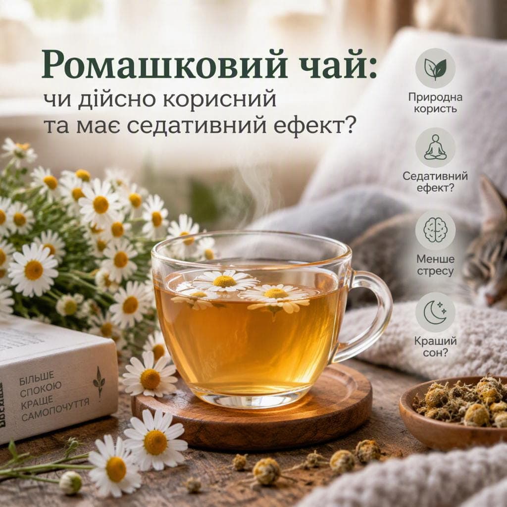 Чашка ромашкового чаю з квітами ромашки на дерев'яному столі у вечірньому світлі