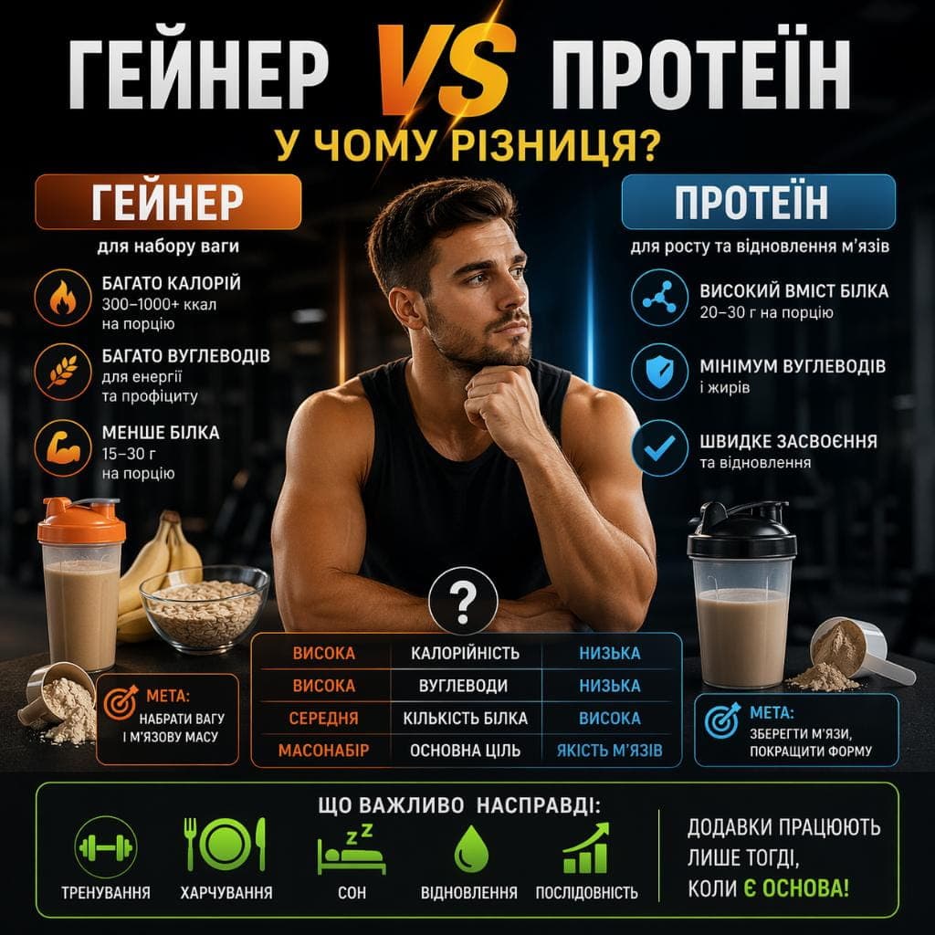Гейнер чи протеїн: у чому різниця і що обрати?