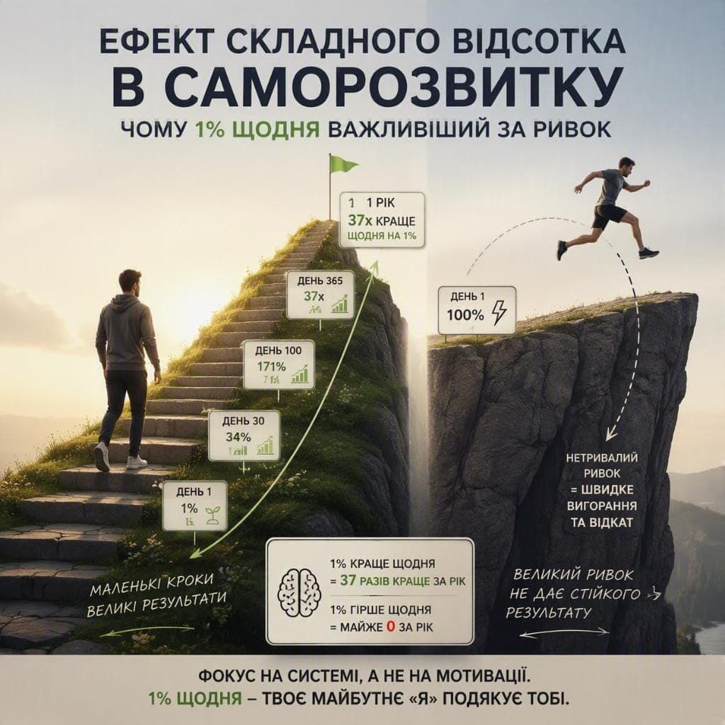 Ефект складного відсотка в саморозвитку: чому 1% щодня важливіший за ривок