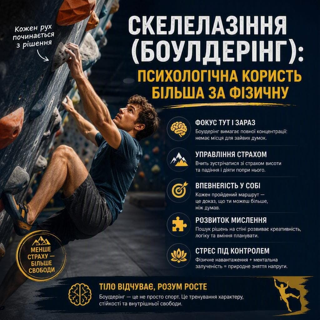 Скелелазіння (боулдерінг): психологічна користь більша за фізичну