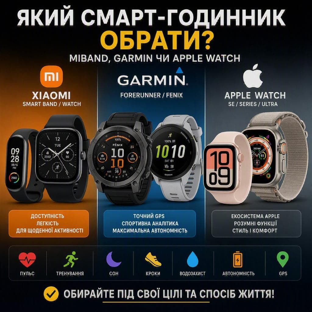 Який смарт-годинник обрати: Xiaomi Smart Band, Garmin чи Apple Watch у 2026 році